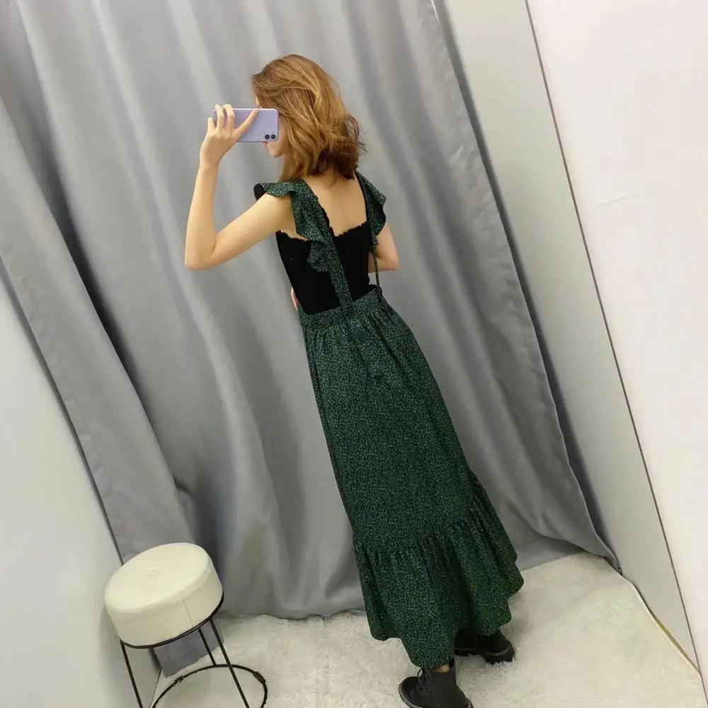 Женское платье ZA зеленое с цветочным принтом гофрированное сексуальное открытое