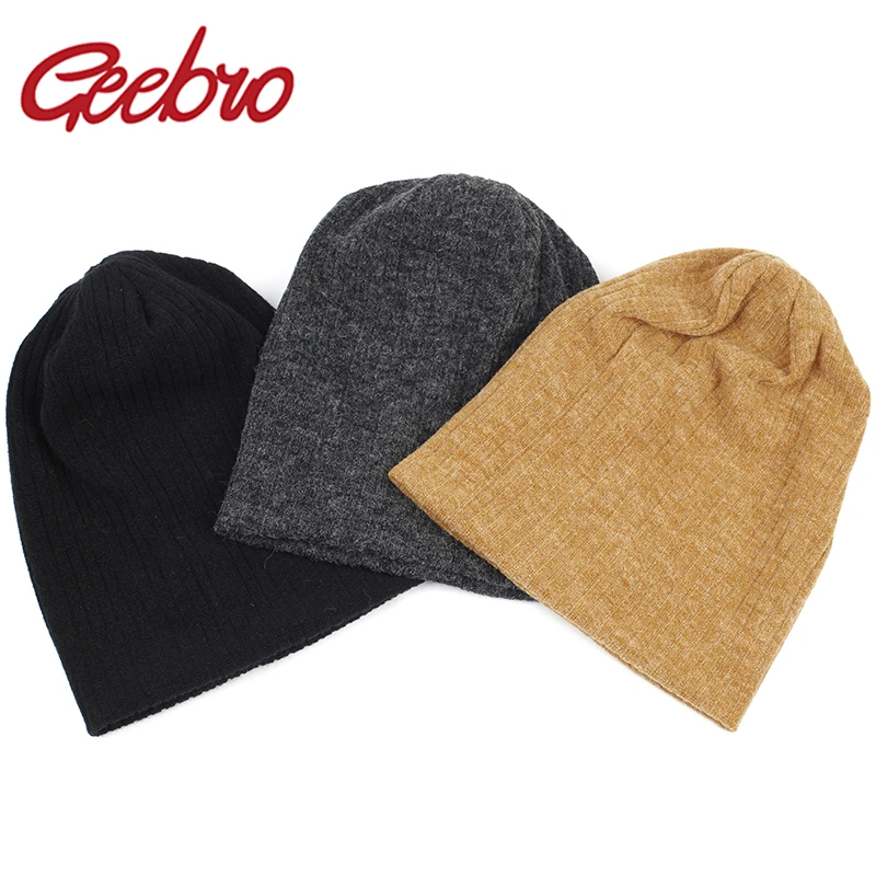 

Geebro Women Winter Cotton Ribbed Beanies Hat Autumn Warmer Slouchy Knitted Hat Ladies Stretch Striped Baggy Skullies Gorros