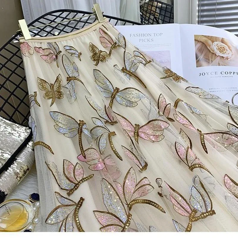 Женская сетчатая юбка с вышивкой стрекозы весенне летняя тонкая плиссированная