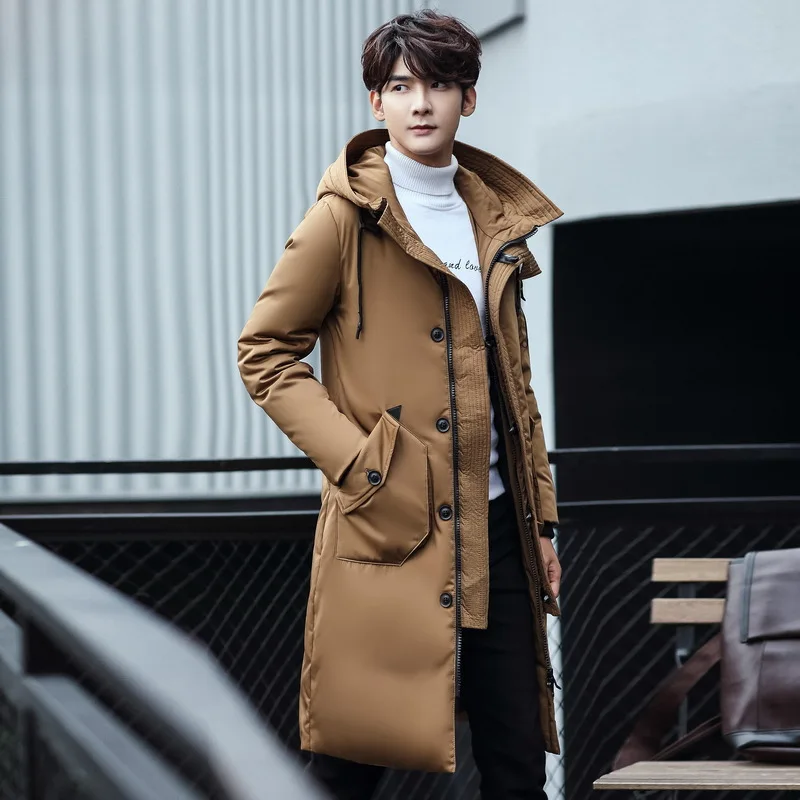 Длинные зимние парки на утином пуху с капюшоном мужская повседневная одежда