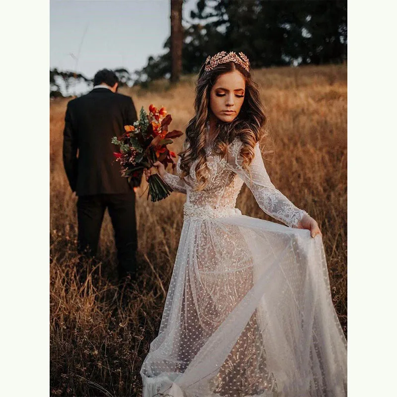 Новинка классические кружевные свадебные платья в стиле бохо с длинным рукавом