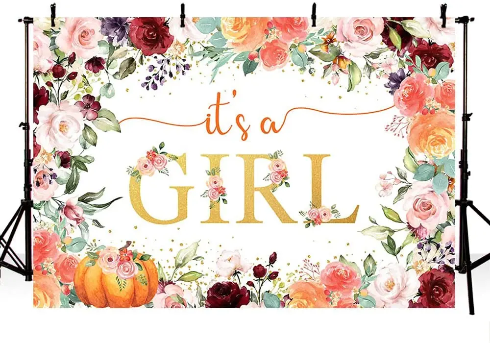 

Fall Little Pumpkin It's A Girl Baby Shower Photography Backdrop Autumn Burgundy Pink Floral Background Punmpkin Party Banner