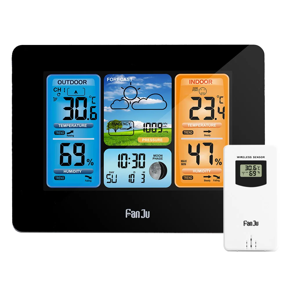

FanJu Weather Station Digital Alarm Clock Indoor Outdoor Thermometer Hygrometer Barometer with Wireless Sensor Moon Phase FJ3373
