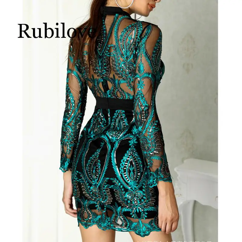 

Women Embroidery Bodycon Dress Sexy Female O-neck Full Sleeve Party Dress OL Transparent Office Short Dress Vestidos for Summer