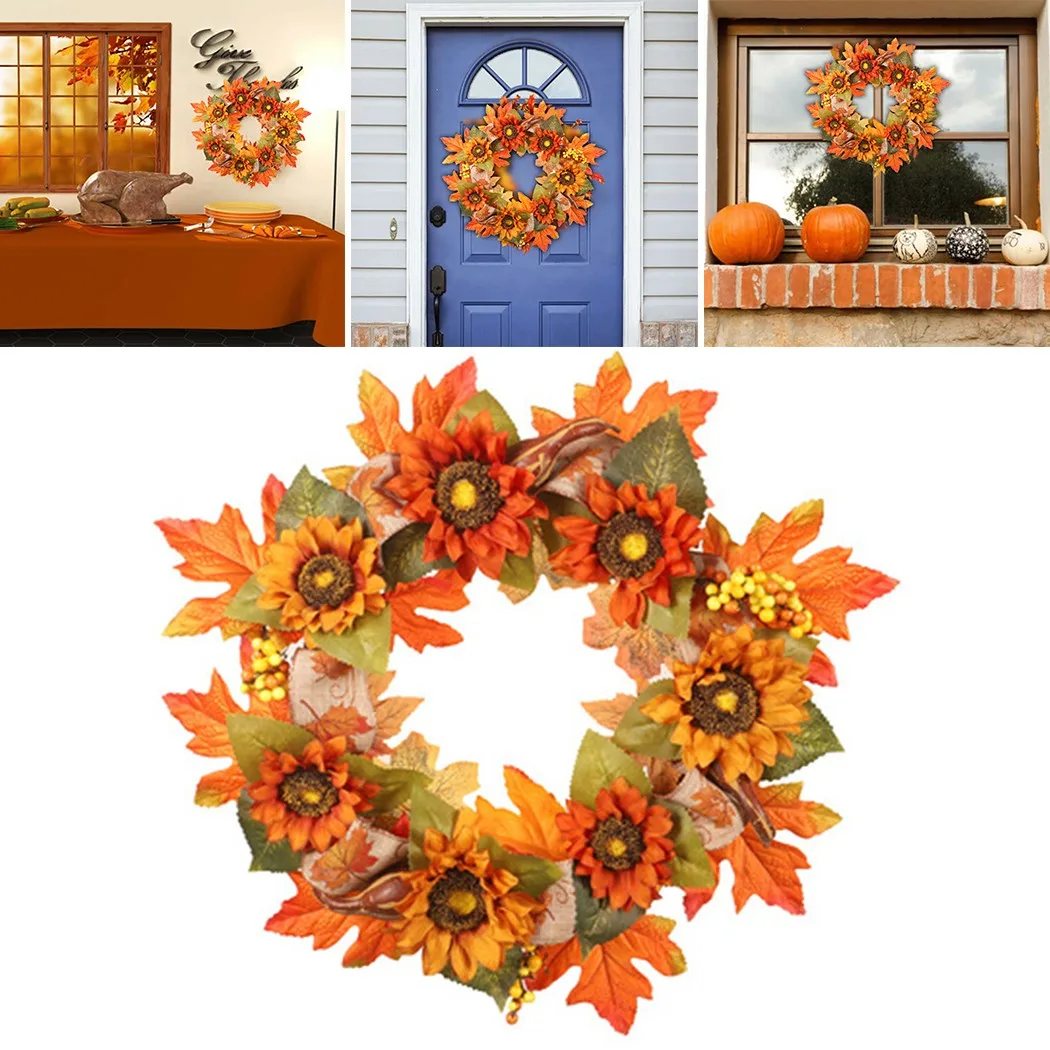 

Halloween Wreath Artificial Maple Leaf Pumpkin Wreath Halloween Door Decoration Thanksgiving Autumn Wreath Decoration