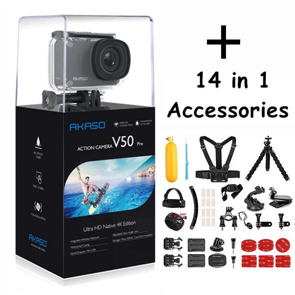 AKASO V50 PRO 4K Cam 30FPS с сенсорным экраном, Wi-Fi, уличная спортивная экшн-камера с Els Ultra HD, водонепроницаемая DV 20M+ палка для селфи, подарки - Цвет: with 14 in 1