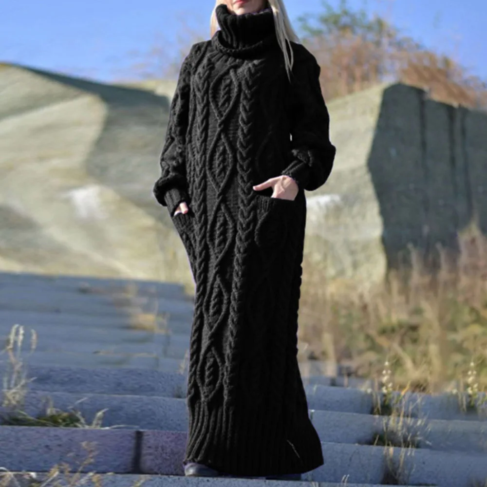 

Casual Sweater Dress Autumn Winter Fashion Thick Warm Thin Best Sellers Pocket Twist Long Sleeve Turtleneck Dress