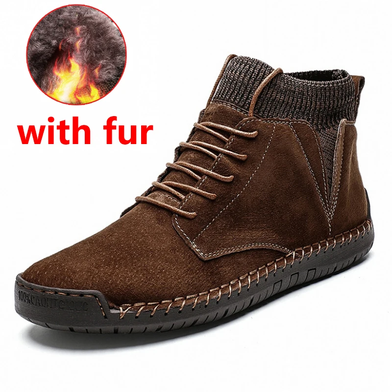 brown with fur JINTOHO/мужские кожаные ботильоны большого размера; модная мужская обувь из натуральной кожи; Брендовые мужские ботинки; теплые зимние ботинки; зимние ботинки для работы - Цвет: brown with fur