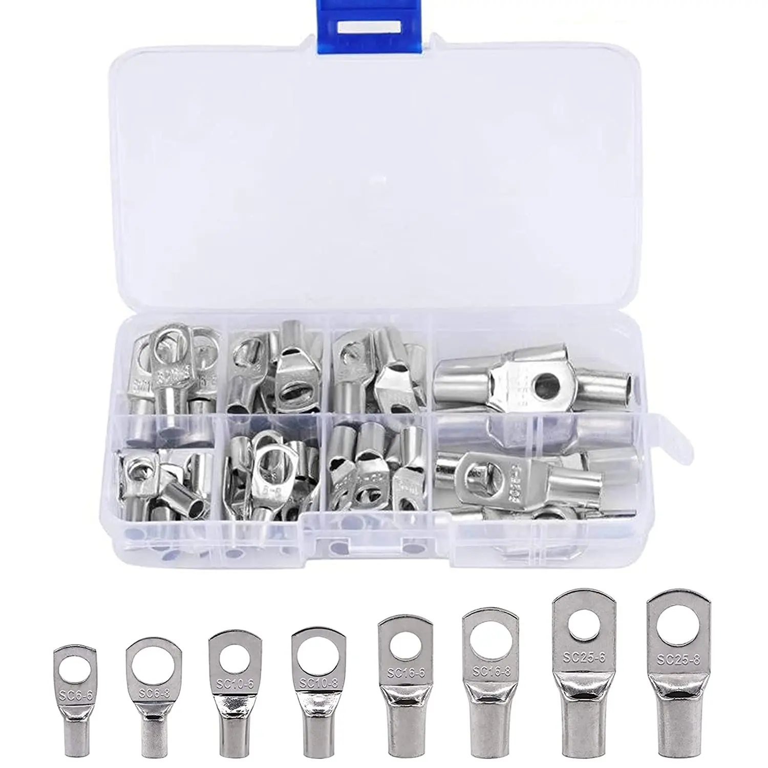 

8 Sizes Tinned Copper Wire Lugs, 60PCS Heavy Duty Battery Cable Lugs Battery Cable Ends SC Ring Terminals Connectors Tubular Lug