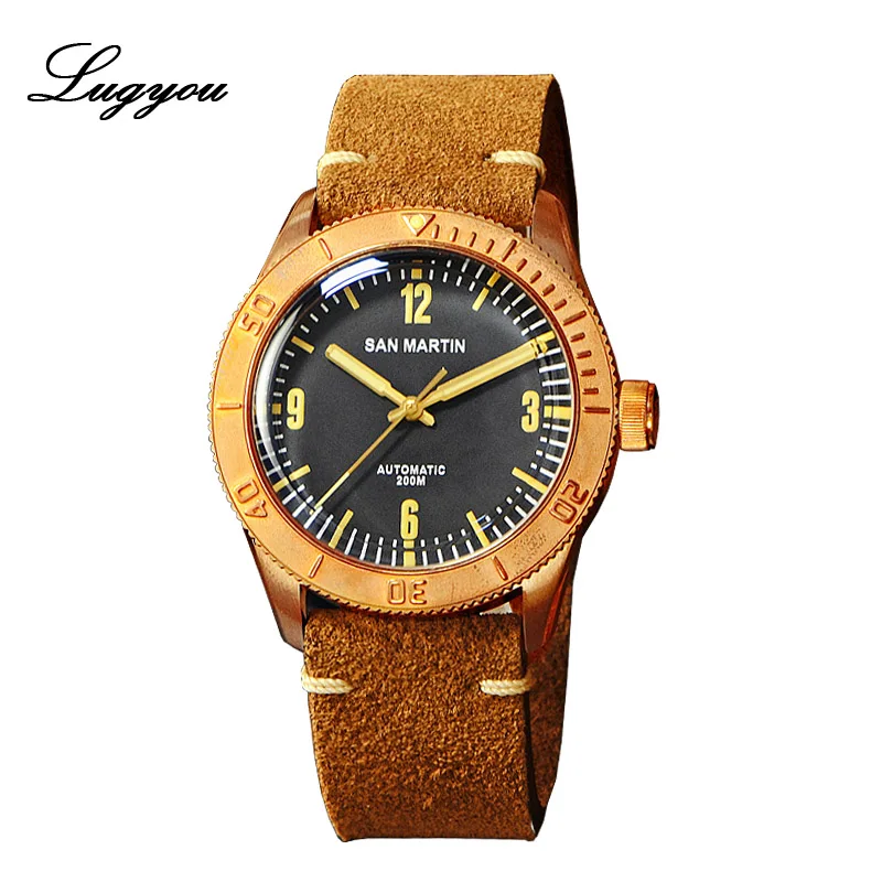 Black SW Lugyou San Martin, бронзовые часы для ныряльщиков, автоматический вращающийся ободок, Водонепроницаемость 200 м, сапфировый куполообразный кристалл, ремешок из натуральной кожи - Цвет: Black SW