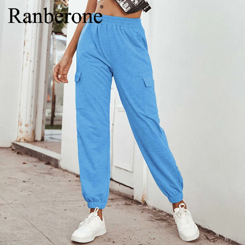 Ranberone High Waist Women's Pants Casual Loose Full Length Trousers Woman Fitness Sports Tights Fashion Stretch Streetwear 2020