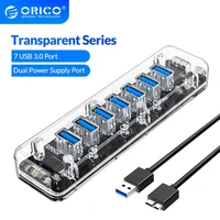 orico transparent series usb hub multi 4 7 port high speed usb3 0 splitter with micro usb power port for laptop pc otg adapter