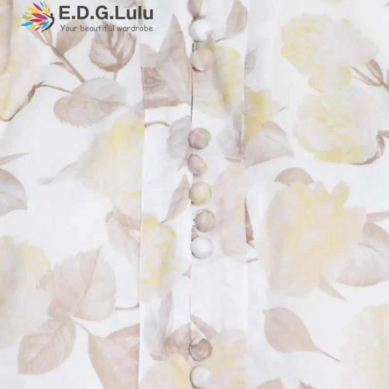 

EDGLuLu 2021 Fashion Women Stand-up Collar Single Breasted Lantern Sleeve Dress Loose Retro Floral Elegant Print Dress 1009