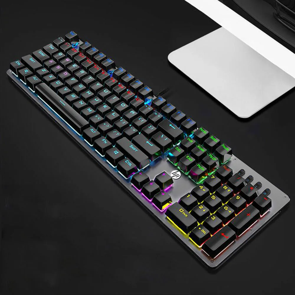 Mixed Light Hp GK100 Механическая игровая клавиатура с подсветкой, синий, красный переключатель, 104 клавиш, металлический цветной светодиодный компьютер с подсветкой, Проводная клавиатура для геймера - Цвет: Mixed Light