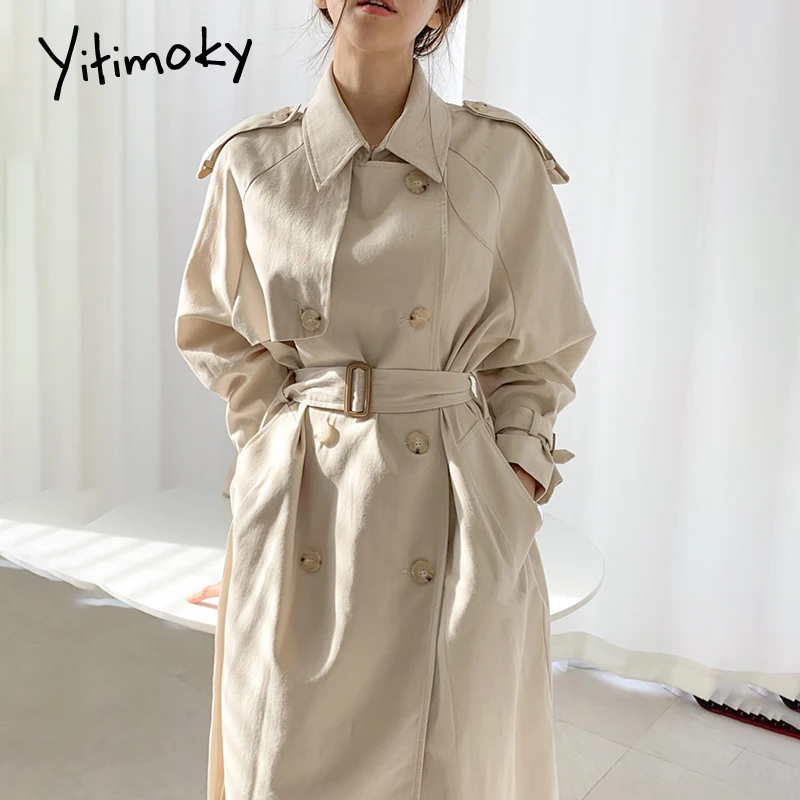 Женский тренчкот Yitimoky простой шикарный двубортный цвета хаки в Корейском стиле
