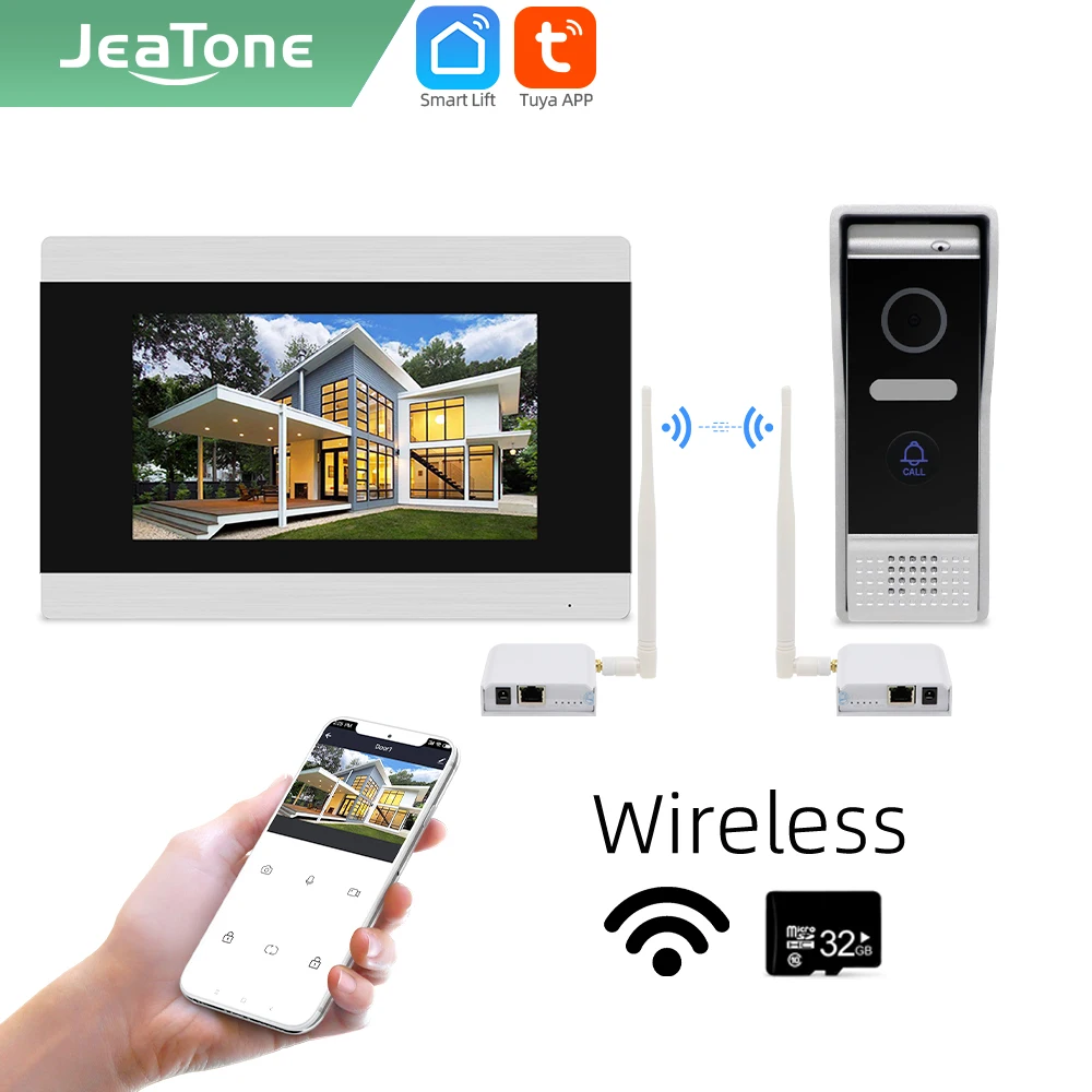 【NEW】Jeatone Tuya smart 7 inch WIFI IP Video intercom phone doorbell camera call interphone system with wireless WIFI Bridge Box