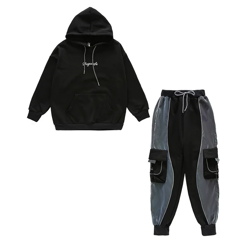 

Kid Fashion Hip Hop Clothing Reflective Hoodie Sweatshirt Top Cargo Pants for Girls Boys Jazz Dance Costume Clothes Street Wear