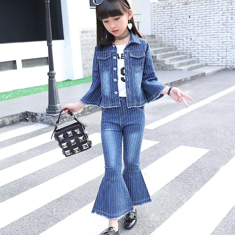 Детский джинсовый комплект для девочек модные джинсы в полоску с