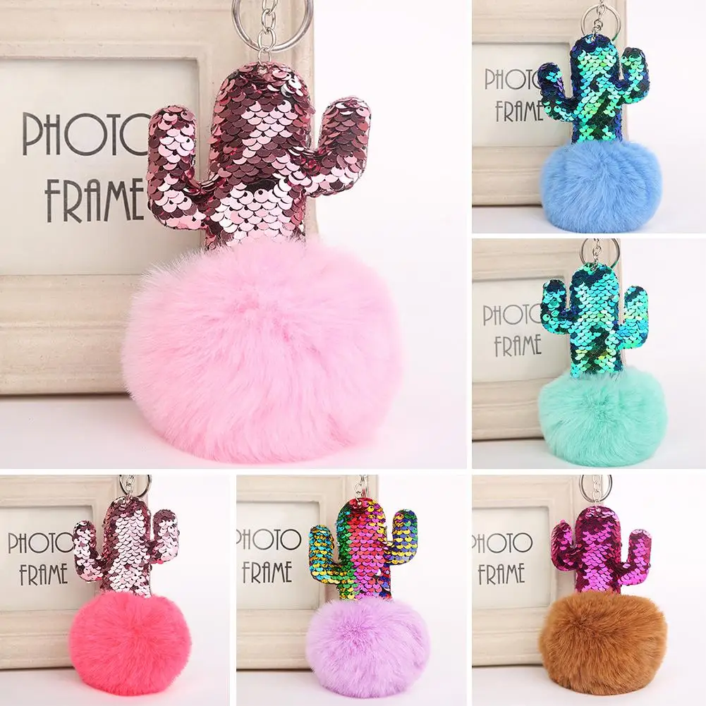 Блестки кактус искусственный мех мяч брелок для ключей автомобиля Женская