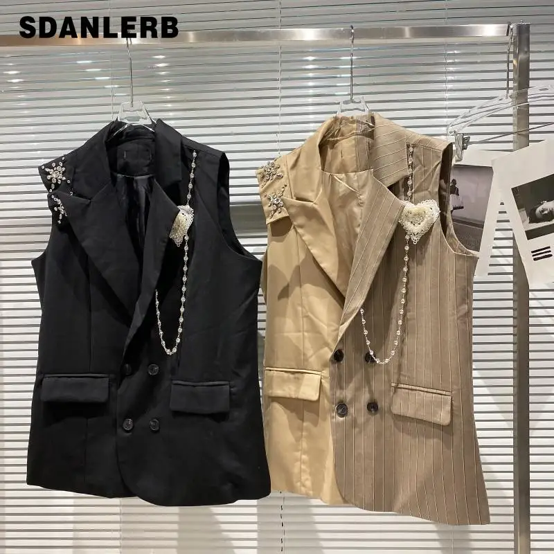 

Sleeveless Suit Coat 2021 Autumn New Rhinestone Chain Beaded Suit Vest for Women Loose Patchwork Outerwear Waistcoat