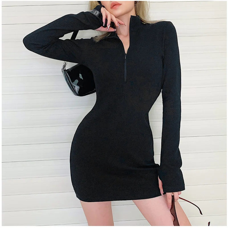 

2021 Spring Autumn Women's Dress Fashion Slim Half High Collar Long Sleeve Temperament Sexy Female High Waist Tight Mini Dress