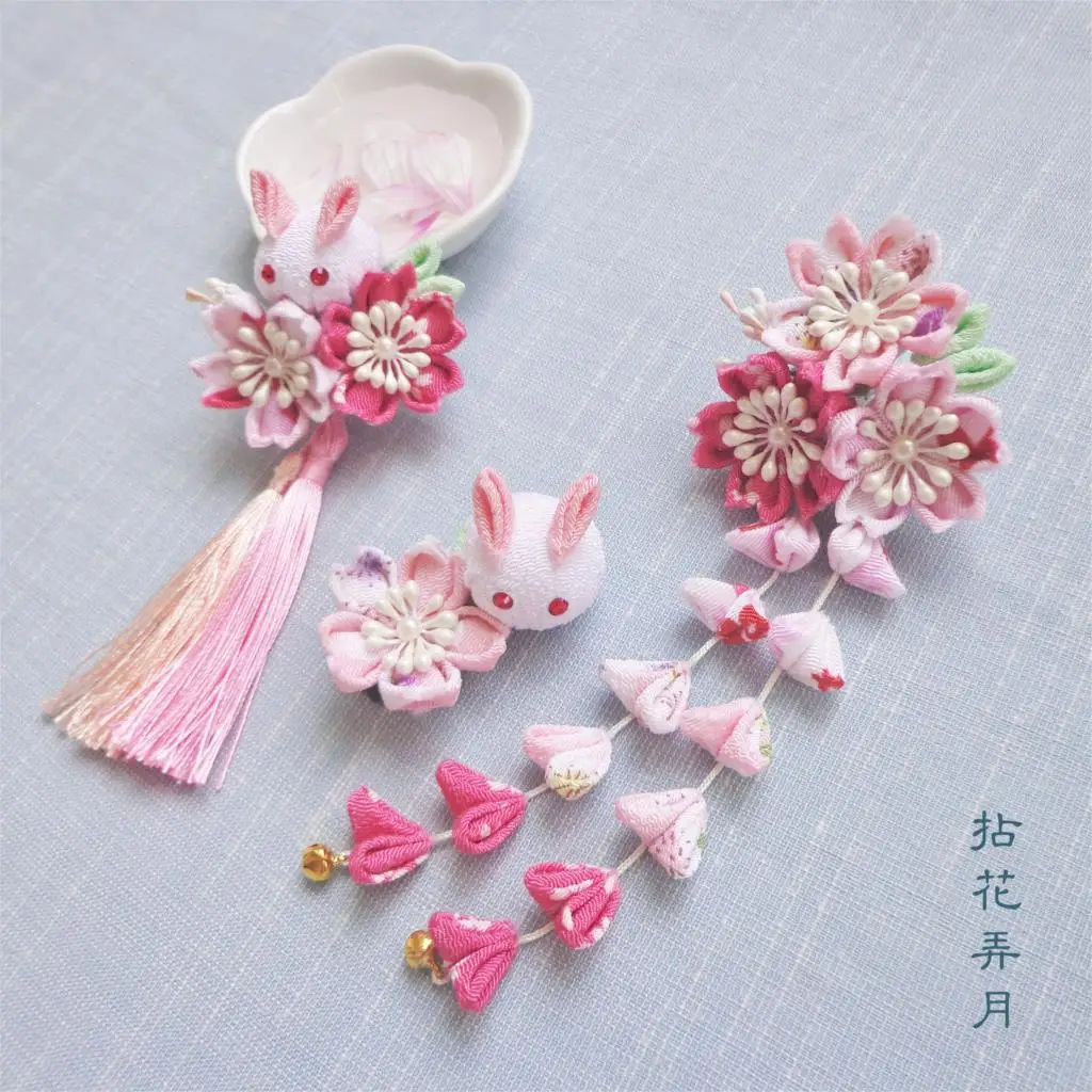 

Japan And Wind Hair Accessories Marquetry Cherry Blossom Snow Rabbit Side Clip Headdress Pink Barrettes Kimono Accessories