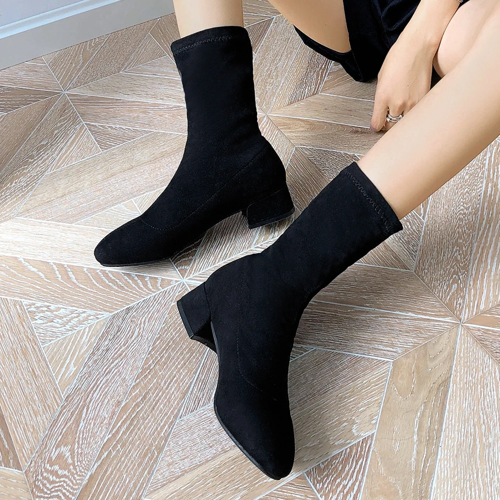 

DORATASIA New Fashion Ladies Flock Mid Calf Boots 2020 Autumn Concise Office Boots Women Round Toe Square Med Heels Shoes Woman