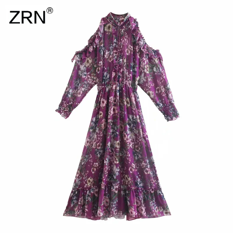 ZRN женское модное винтажное платье с цветочным принтом миди открытой спиной и