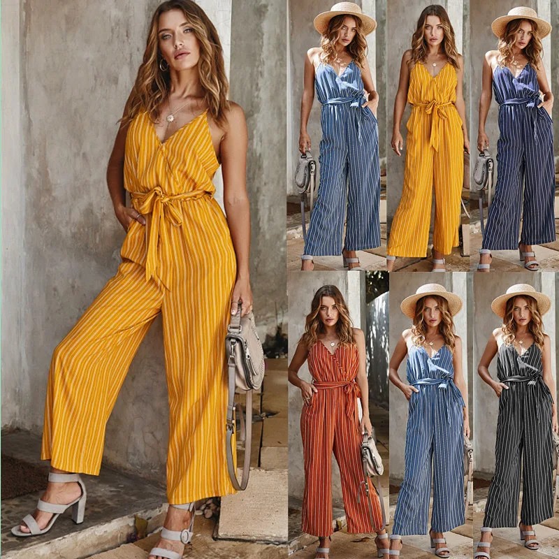 

Rompers Women Retro Jumpsuit Sling Sleeveless Playsuit Clubwear Straight Leg Jumpsuit Women's With Belt Bodysuit Rompers