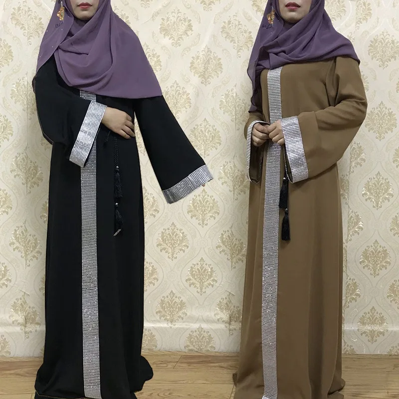 

Middle Eastern Muslim Black Abaya Islamic Arab Women's Solid Color Diamond Rhinestone Dubai Robe Dress Turkey Turkish Abaya