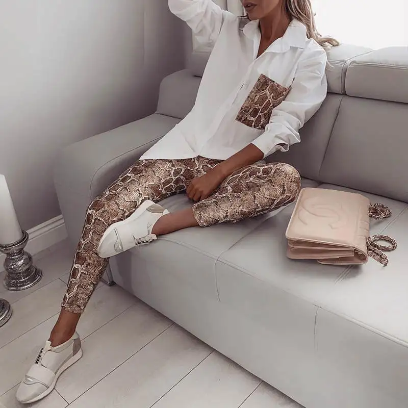 

Snake Contrast Pocket Top & Pants Design Pant 2 Piece Set Women In stock