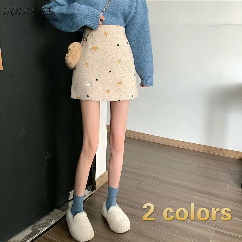 

Skirts Women Slim Vintage Apricot A-Line Winter Warm Print Stylish Embroidery BF Empire Korean Fashion All-match College Retro