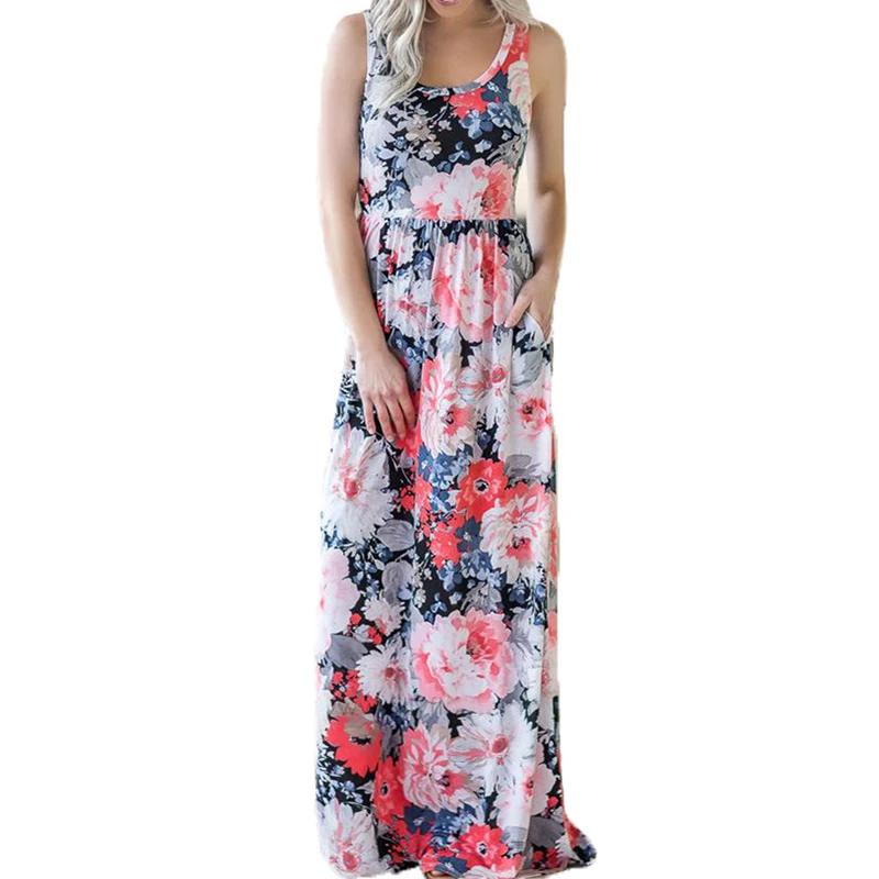 Женские платья без рукавов с цветочным принтом вечерние женские длинные летние