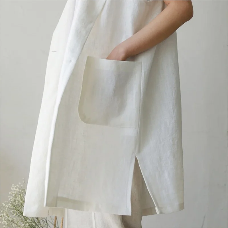Женский блейзер без рукавов длинный льняной жилет однобортный свободный белый