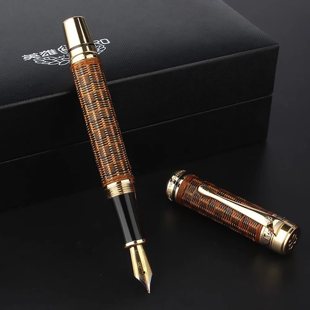 Handmade Hero H671 Fountain Pen Beautiful Bamboo Weaving Skills Iridium Fine 0.5mm with Box Writing Gift Set for Office Business