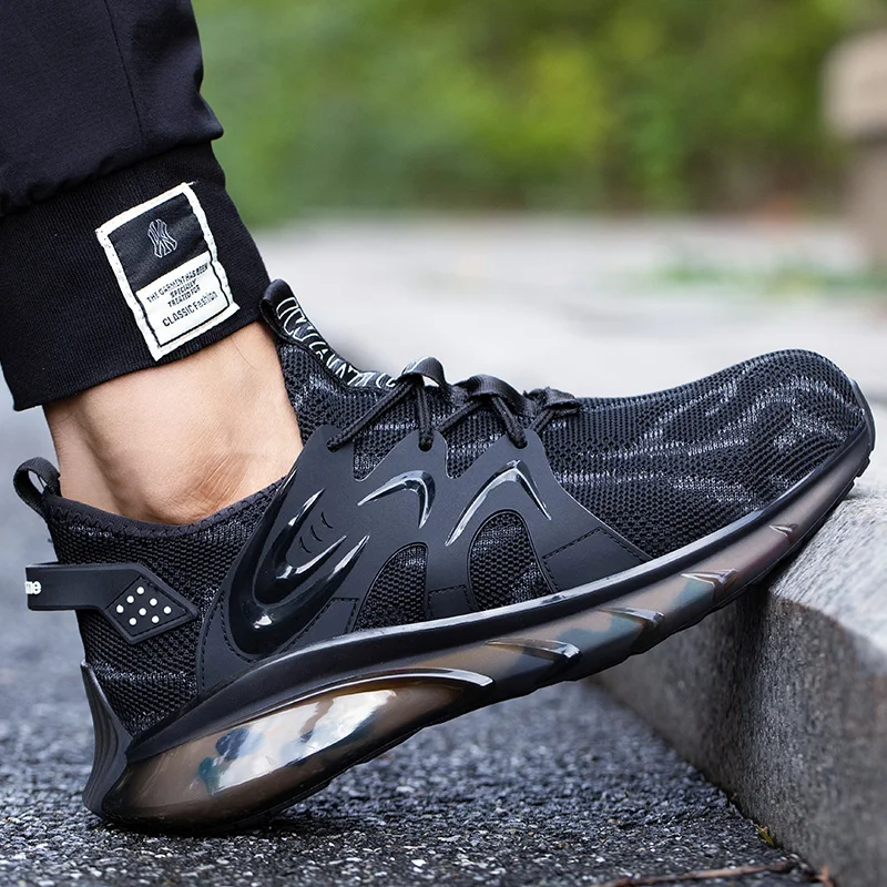 

Прочная Мужская защитная обувь светильник Нескользящие рабочие кроссовки, дышащие мужские ботинки со стальным носком и защитой от проколов, с воздушной сеткой