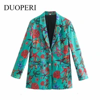 duoperi 2021 fashion printed blazer women casual long sleeves metal buttons chic lady coat female outwear femme veste