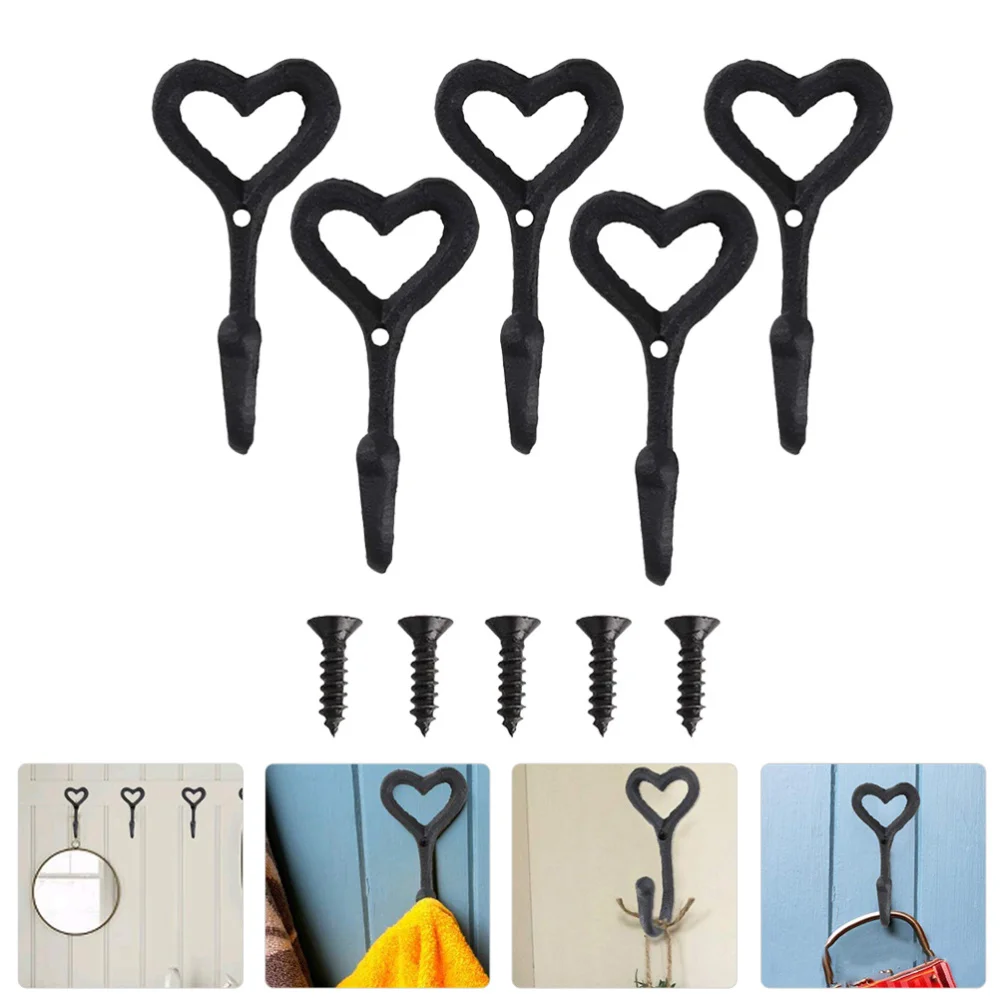 

5Pcs Heart Hooks Decorative Hooks Heart Wall Hooks Cast Iron Coat Hooks
