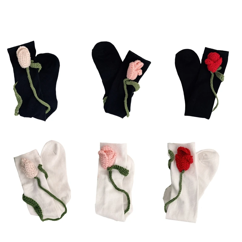 

2022 New 1 Pair Women Girls Sweet Lolita Style Knee High Socks Crocheted Flower Stockings