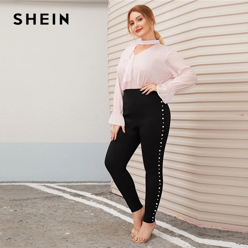 SHEIN/черные женские брюки-скинни с украшением из жемчуга; сезон осень-весна; однотонные элегантные длинные облегающие брюки; брюки-карандаш; большие размеры