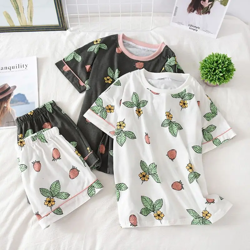 

Women 2Pcs Pajamas Set Heart Strawberry Print Short Sleeve Tops Pants Sleepwear