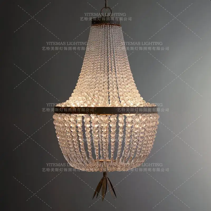 

French Style Vintage crystal bead chandelier K9 crystal 3 lights hanging chandelier rope light for bedroom kitchen baby room