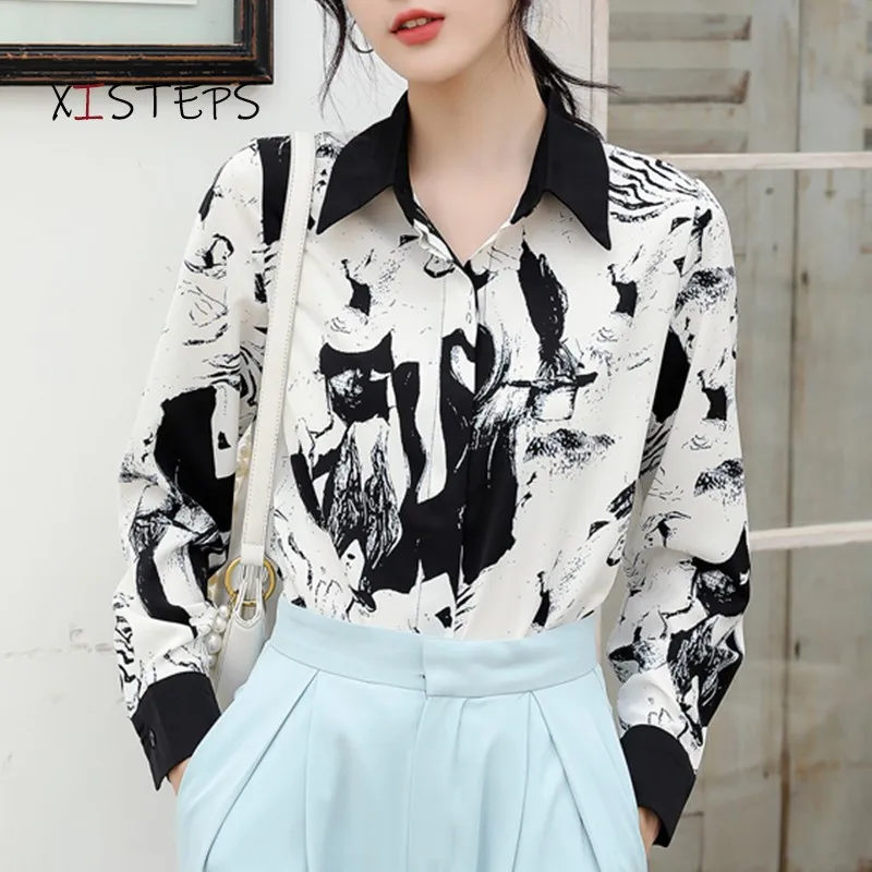 Printed Chiffon Blouses Women Loose Shirts 2021 Spring Ladies Casual Tops Office Lady Clothes Long Sleeve Femme Blusas