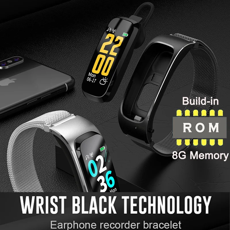 

Recorder Smart Bracelet Music Play Band 2in1 Bluetooth Earphone And 8G Memory Wristband U Disk,Heart Rate Multi Function Fitness