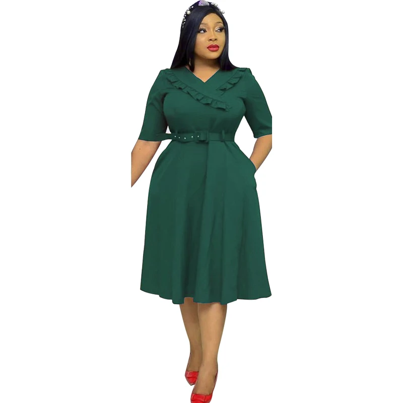 

African A Line Dress Women High Waist With Belt Gown Fashion New Ruched Patchwork Solid Casual African Office Lady Dress Vestido