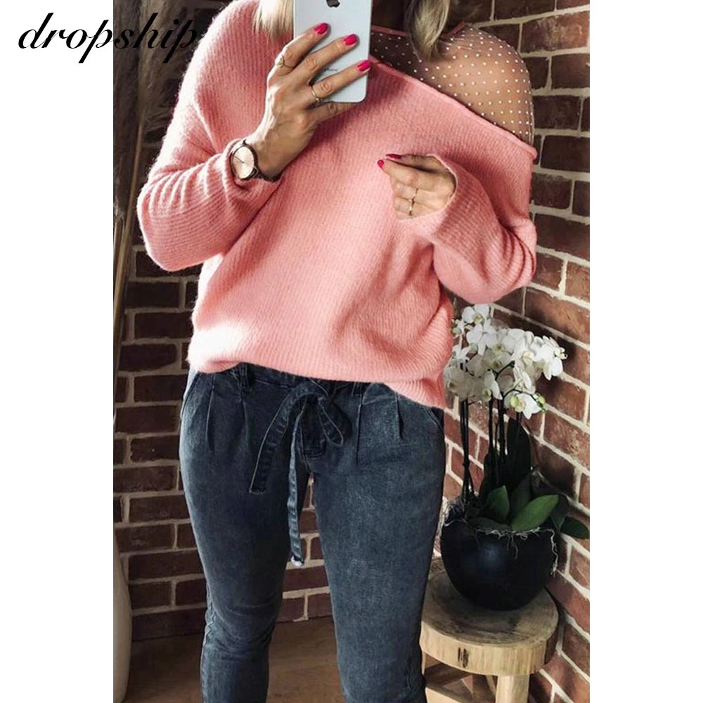 

Women Off Shoulder Sweaters Lace V-neck Tops Ladies Casual Loose Sweater Warm Autumn Winter Pullover