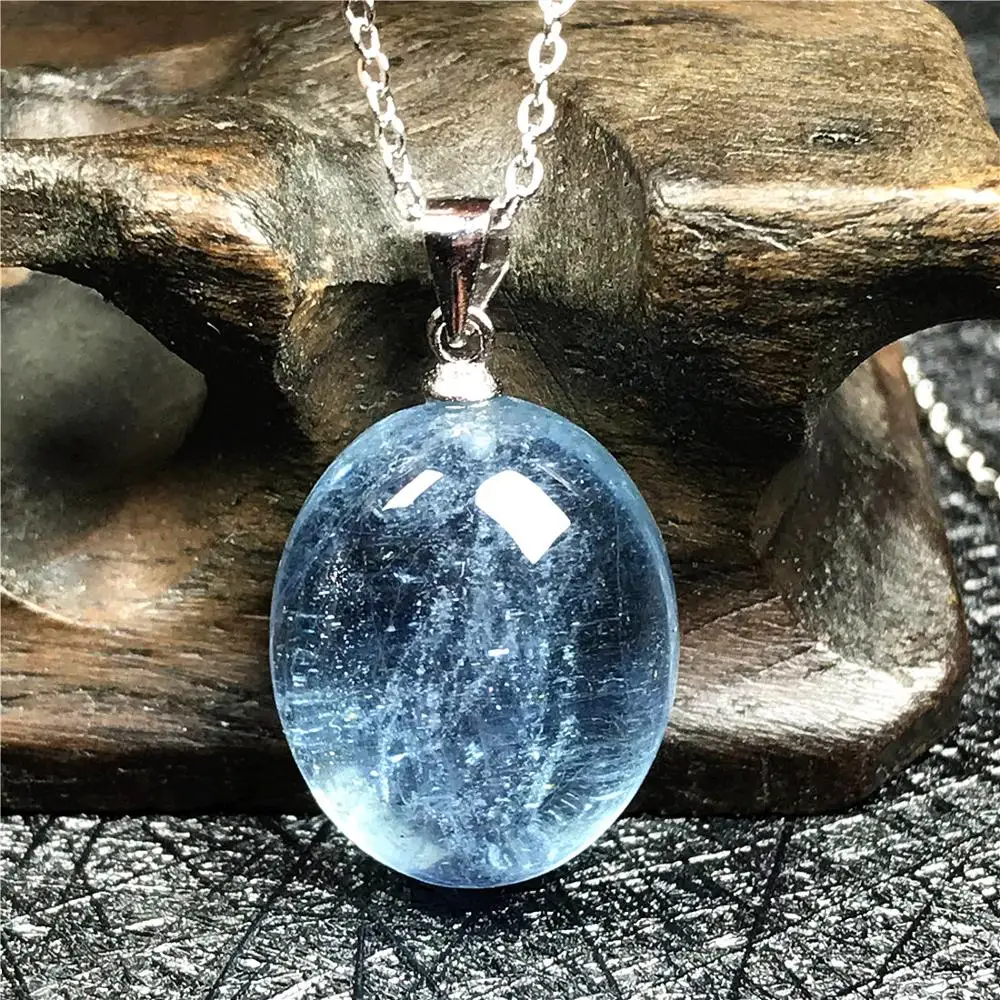 Pendant Necklace Natural Ocean Blue Aquamarine Jewelry For Woman Lady Man Silver Chains Crystal 19x14x9mm Beads Oval Stone AAAAA | Украшения