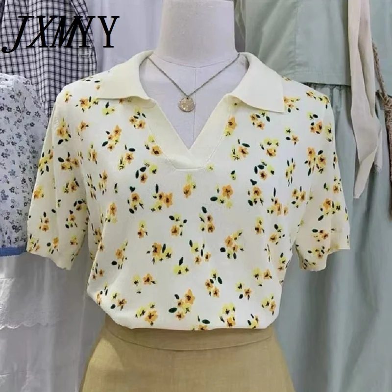 

ICCLEK JXMYY Lapel Floral Sweater Women's Summer 2021 Short New Product Small Fresh Pullover Short-Sleeved Bottoming Sh