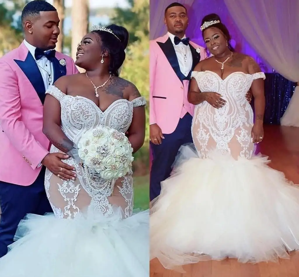 

Plus Size Mermaid Wedding Dresses Lace Applique Tulle Tiered Skirt Sweep Train Custom Made Off the Shoulder Straps Wedding Gowns