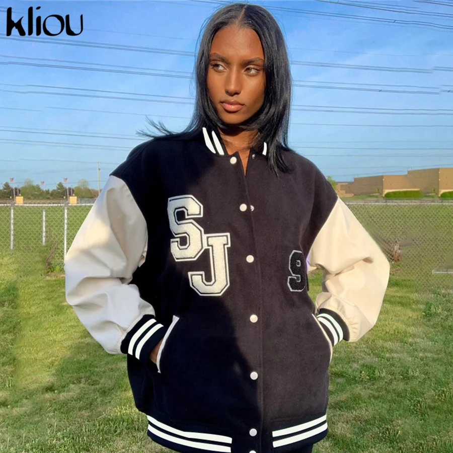 

Kliou Letter Preppy Style Jacket Women Autumn Casual Baseball Uniform With Pocket Female All-matching Coat Back To School Tops